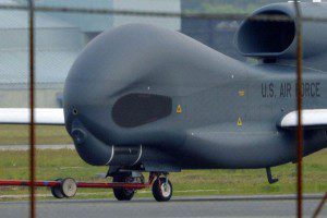 A U.S. Global Hawk surveillance drone sits at the tarmac after arriving at the Misawa Air Base in Misawa, northern Japan, on May 24, 2014. 