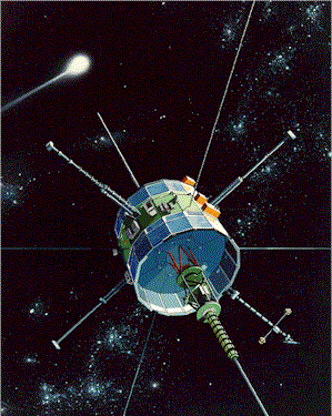 An artist’s rendition shows the ISEE-3 satellite headed for its encounter with Comet Giacobini-Zinner.