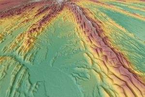 Figure 2. A 3-D WorldDEM view of Fars Province, Pakistan, reveals ridges that represent individual bedding planes of sedimentary rock dissected by erosion. Their orientation, dip angle and distribution can be used to help understand the area’s structural geology.