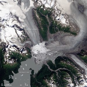 Landsat 8 captured this image on Aug. 13, 2013. During the last 26 years, the glacier’s terminus has retreated more than 5 kilometers (3 miles). 