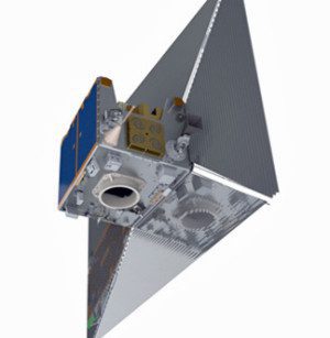 An artistic rendition of TechDemoSat-1 shows the satellite with its sail extended.