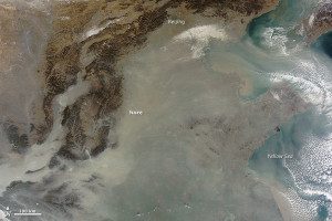 This natural-color satellite image captured by NASA’s Terra satellite offers both a modern and historical context. It shows heavy pollution heading toward Beijing on Dec. 12, 2013. If satellites had been flying during the first half of the 20th century, it’s reasonable to assume that skies over the eastern United States or Europe would have looked something like this on some days.