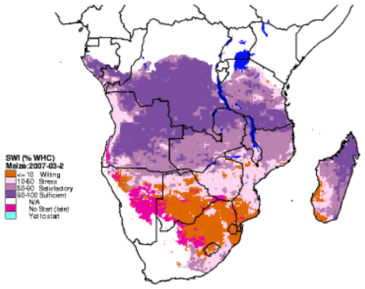Figure 4. A soil water index (SWI) map for Southern Africa’s 2006/2007 growing season  typifies a water-balance model output.