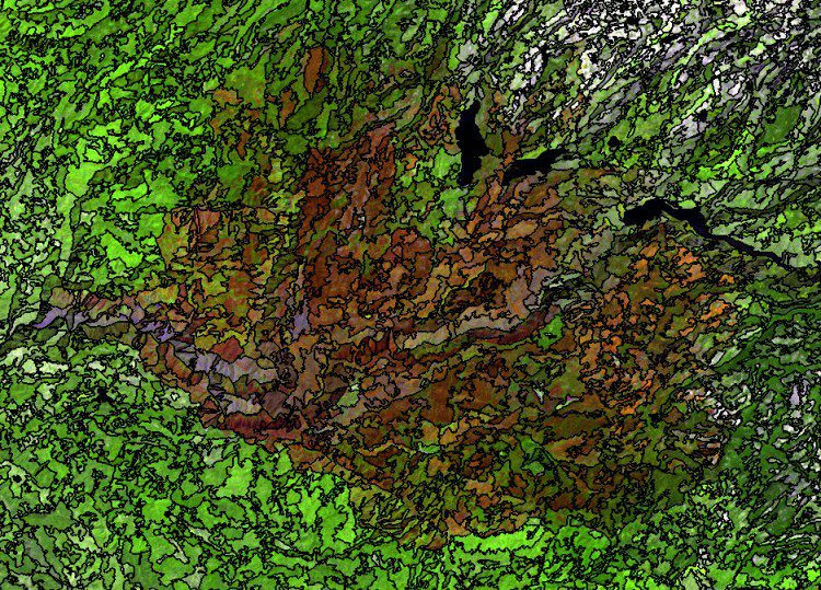 Figure 1.A segmentation algorithm was applied to a Landsat scene, acquired following the 2013 Rim Fire near Yosemite National Park, to generate objects.