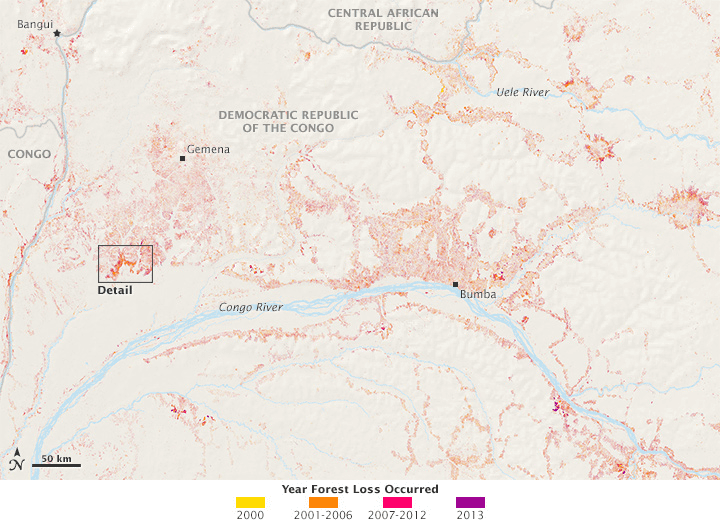 The accompanying maps show forest changes near the Congo River in central Africa as observed by Landsat between 2000 and 2013. Different colors represent the years in which forest parcels changed. Most of the forest losses were due to cut-and-burn agriculture where small plots of land were cleared for subsistence farming or for the use of wood for fuel. (Credit NASA Earth Observatory maps by Joshua Stevens, using global forest change data from Hansen et al/University of Maryland.)