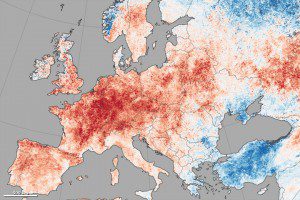 A map shows daytime land-surface temperature anomalies in Europe from June 30-July 9, 2015, compared to the 2001–2010 average for the same period. Shades of red depict areas where the land surface was hotter than the long-term average; areas in blue were below average.