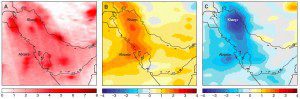 A series of maps indicates a sulfur dioxide trend reversal over the Arabian Gulf between 2005-2014. (Credit: Lelieveld et al. Sci. Adv. 2015;1:e1500498)