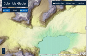 Satellite images compare the Columbia Glacier in 2009 (left) and 2013 (right). To explore the Columbia Glacier retreat, click here. (Credit: Esri)