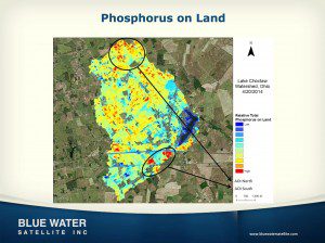 Blue Water Satellite uses imagery to identify chemicals and organic material in water. This image of Ohio’s Choctaw Lake shows phosphorus pooling in the southern area.