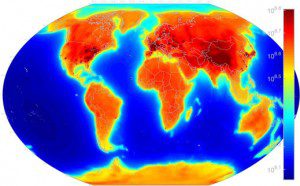 This first ever map of global neutrino emissions highlights concentrations of natural radioactive elements and manmade nuclear fission. (Credit: MATLAB)