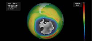 The ozone hole in October 2015 reached more than 26 million square kilometers—an area larger than the North American continent and just short of the all-time record. (Credit: DLR EOC)