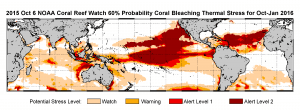 NOAA's four-month bleaching outlook shows the threat continuing in the Caribbean, Hawaii and Kiribati, and potentially expanding into the Republic of the Marshall Islands. (Credit: NOAA)