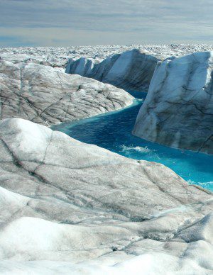 An image shows Leverett Glacier in west Greenland, which is about 50 kilometers from the ice sheet margin. New findings show a clear regional slowdown in the flow of land-terminating ice when surface meltwater rises. (Credit: Andrew Sole–University of Sheffield)