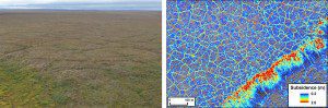 A photo (left) taken in August 2015 shows thermokarst development as a network of troughs forming over degrading ice wedges. LiDAR data (right) shows permafrost terrain subsidence in the aftermath of a large and severe Arctic tundra fire. (Credit: USGS)