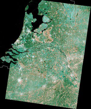 This image is a mosaic based on Sentinel-1A satellite coverage of The Netherlands in three scans during March 2015. (Credit: Copernicus Sentinel data (2015)/ESA)