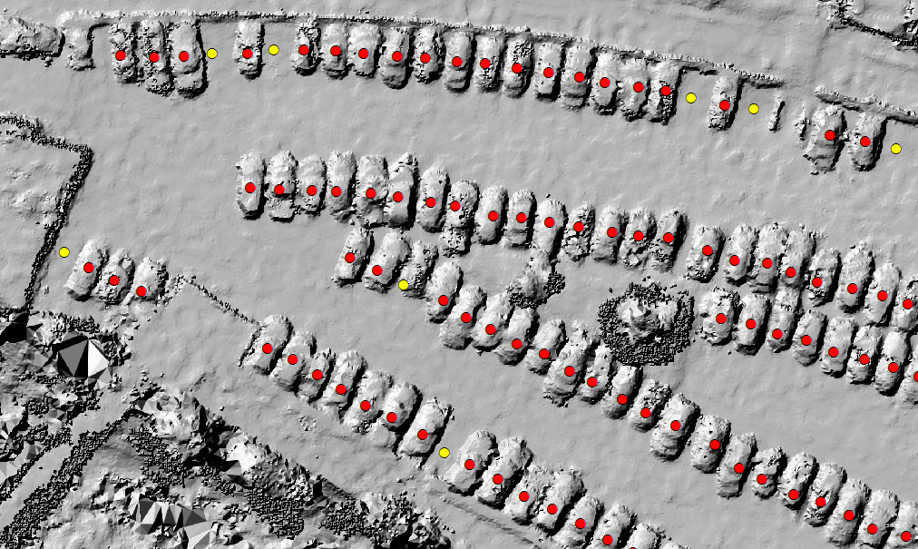 Parking-occupancy automated output is displayed over a UAS DSM (red for occupied, yellow for vacant). Cars are visible because they're taller than the surrounding pavement.