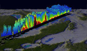 GPM data were used to create this color-enhanced 3-D slice through a line of storms on Dec. 23, 2015, that spawned tornadoes in Mississippi. (Credit: NASA/JAXA/SSAI, Hal Pierce)