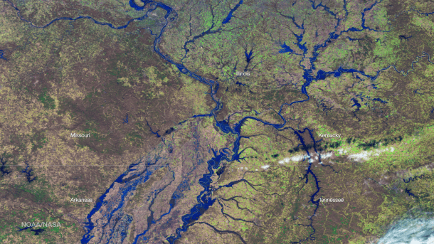 A false-color NOAA Suomi NPP VIIRS satellite image documents flooding in the Mississippi River Valley on Jan. 3, 2016. (Credit: NOAA/NASA)