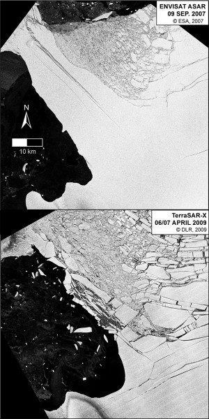 Collapse of the ice bridge that supported the Wilkins Ice Shelf was captured by satellite imagery from ESA’s Envisat Advanced Synthetic Aperture Radar and the DLR German Aerospace Center’s TerraSAR-X instruments. (Credit: ESA/DLR/M.Rankl)