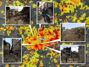 Photos from the 2015 Nepal earthquake are overlaid on a damage proxy map derived from COSMO-SkyMed satellite data. Colors show increasingly significant change in terrain/building properties (including surface roughness and soil moisture). (Credit: NASA/JPL-Caltech/Google/DigitalGlobe/CNES/Astrium/Amy MacDonald/Thornton Tomasetti)