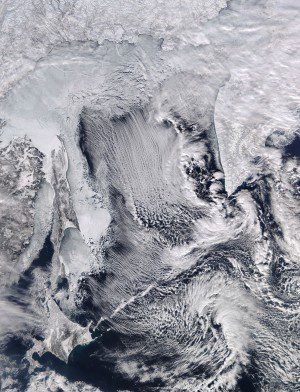 The MODIS instrument on NASA's Aqua satellite captured this image of cloud streets and sea ice in the Sea of Okhotsk on Feb. 8, 2016. (Credit: NASA image courtesy LANCE/EOSDIS MODIS Rapid Response Team at NASA GSFC)