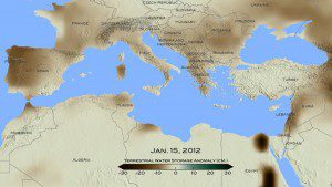 For January 2012, brown shades show the decrease in water storage (in centimeters) from the 2002-2015 average in the Mediterranean region. Data are from the Gravity Recovery and Climate Experiment (GRACE) satellites, a joint mission of NASA and the German space agency. (Credit: NASA/Goddard Scientific Visualization Studio)