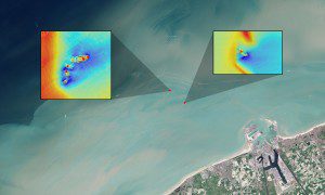 In this natural-color Landsat image, long sediment plumes extend from the wreck sites of the SS Sansip and SS Samvurn. Insets show elevation models (created by a multibeam echosounder) of the wrecks on the seafloor. (Credit: NASA/USGS Landsat/Jesse Allen/NASA Earth Observatory/Matthias Baeye et al)