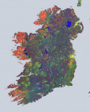 This land-cover image was stitched together from 16 radar scans from the Sentinel-1A satellite. Blues represent strong changes in bodies of water or agricultural activities such as ploughing. Yellows represent urban centers, with the capital city of Dublin distinct on the far middle right. (Credit: Contains modified Copernicus Sentinel data [2015], processed by ESA)