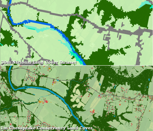 Comparing 30-meter land-cover data (top) with the Chesapeake Conservancy's one-meter data (bottom) demonstrates the importance of high-resolution data for decision making and modeling landscapes at the parcel scale.