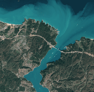 Located on the edge of Istanbul, the Yavuz Sultan Selim Bridge, seen in this image captured mid-construction by the Sentinel-2A satellite, is named after a 16th-century Ottoman ruler. (Credit: Contains modified Copernicus Sentinel data (2016), processed by ESA)