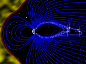 An artist's rendering (not to scale) describes a cross-section of the magnetosphere, with the solar wind in yellow and magnetic field lines emanating from Earth in blue. The five THEMIS probes were positioned to directly observe one particular magnetic field line as it oscillated back and forth every six minutes. (Credit: Emmanuel Masongsong/UCLA EPSS/NASA)