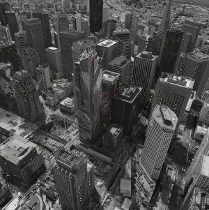 Data from Sentinel-1 satellites acquired between Feb. 22, 2015, and Sept. 20, 2016, show that San Francisco's Millennium Tower is sinking by about 40 millimeters a year in the satellites' line of sight. This translates into a vertical subsidence of almost 50 millimeters a year, assuming no tilting. Colored dots represent targets observed by the radar. (Credit: Contains modified Copernicus Sentinel data (2015-16)/ESA SEOM INSARAP study/PPO.labs/Norut/NGU)